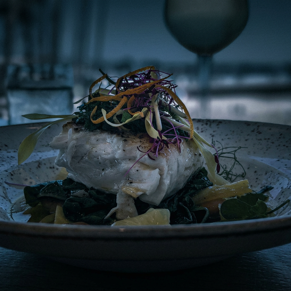 A seared halibut fillet on greens in a speckled bowl, lit low against a dusky ocean