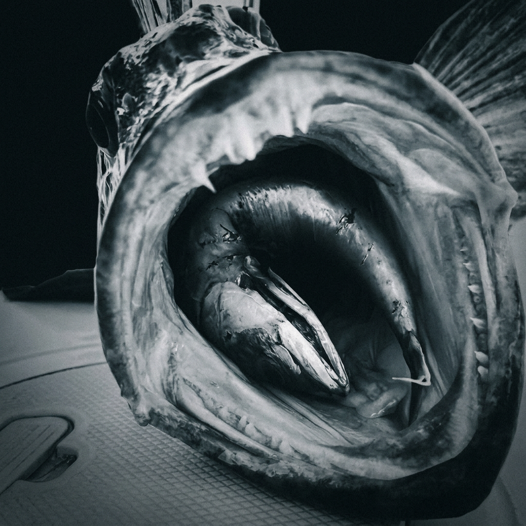A black-and-white close-up of a landed fish on deck