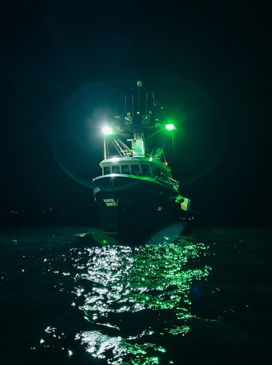 The boat working at night under its deck lights on black water